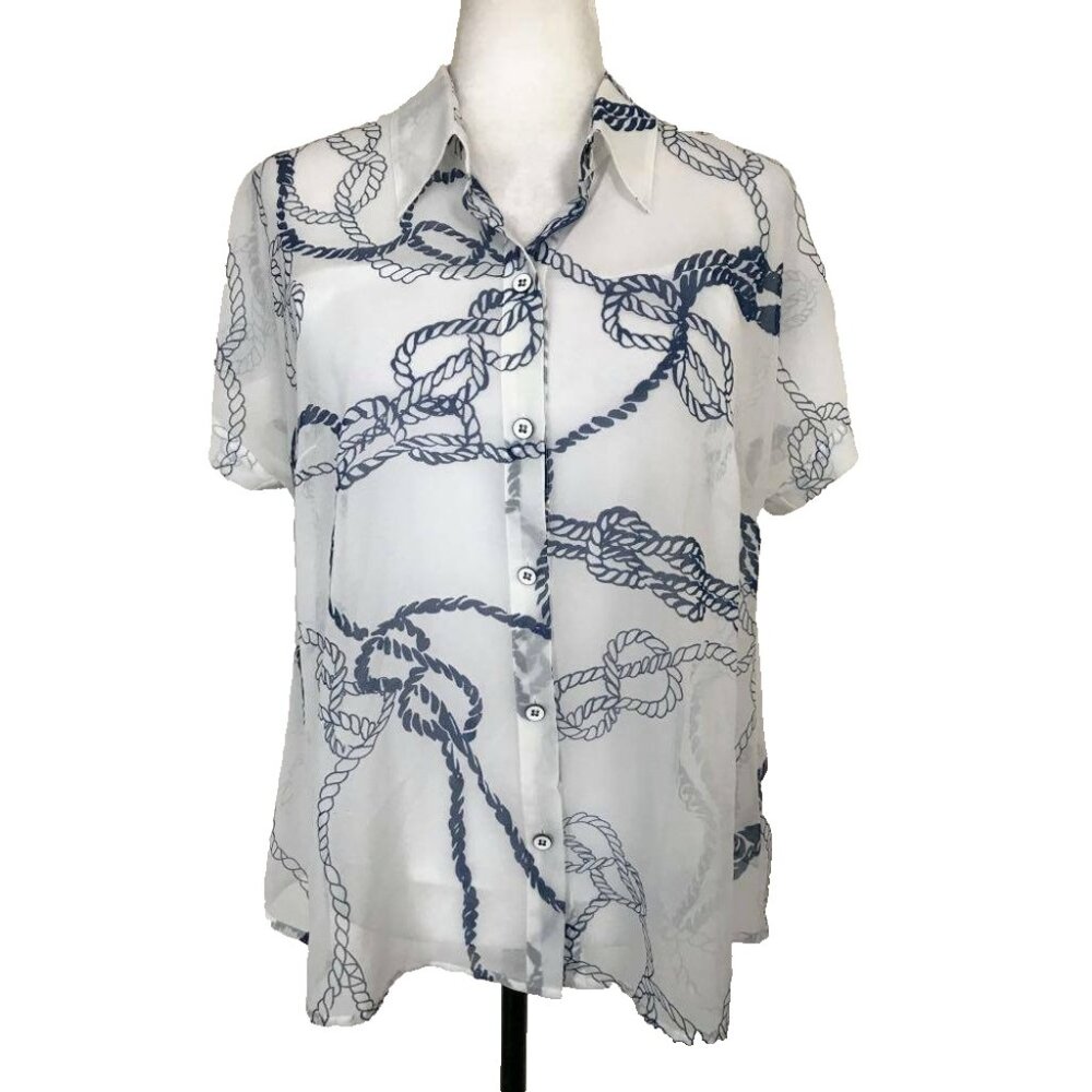 CABI Short Sleeve Blouse Top #5229 Size Medium White Blue Nautical Semi Sheer